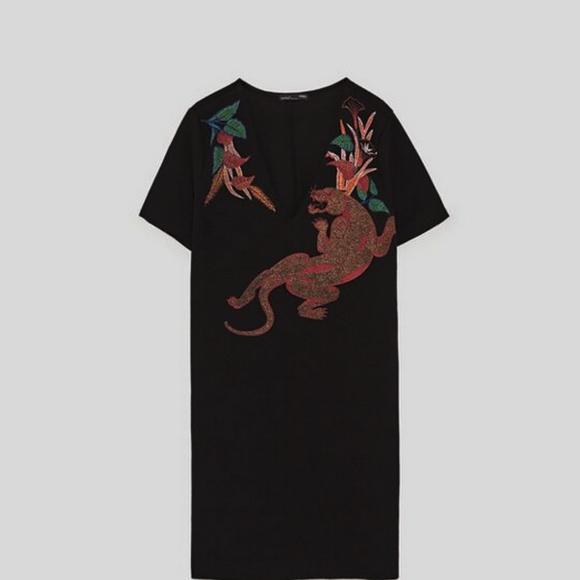 Zara Black Printed Dress short Sleeves size S - Picture 2 of 8